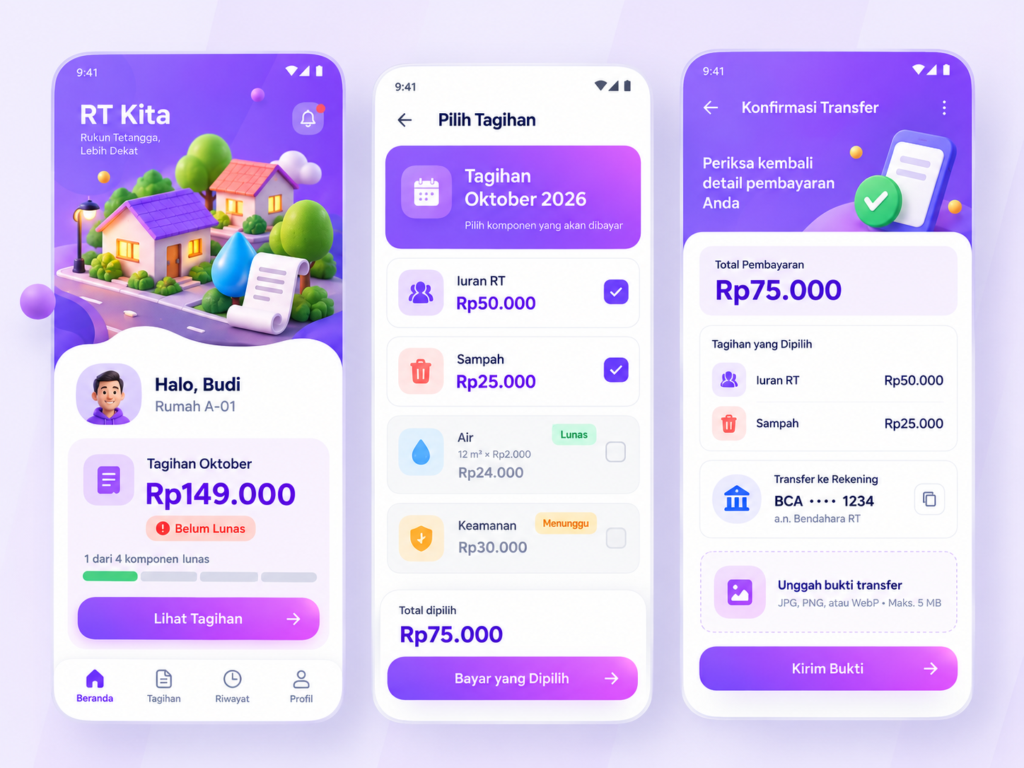 Tiga layar aplikasi warga untuk ringkasan tagihan, memilih iuran, dan mengirim bukti transfer